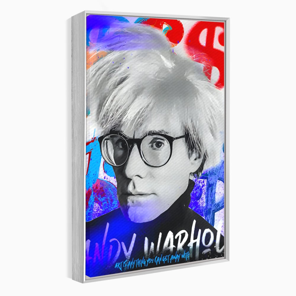 Tablou canvas cu tablou canvas cu portretul lui andy warhol, in rama de aluminiu argintiu